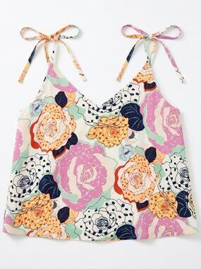 Entro Pink Floral Top Medium Tie Shoulder Boho Festival Resortwear Artsy Aunt